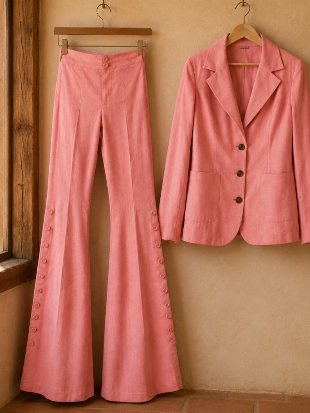 One Owner Vintage 60s 70s Pink Bell Bottom Pantsuit Set Size 10